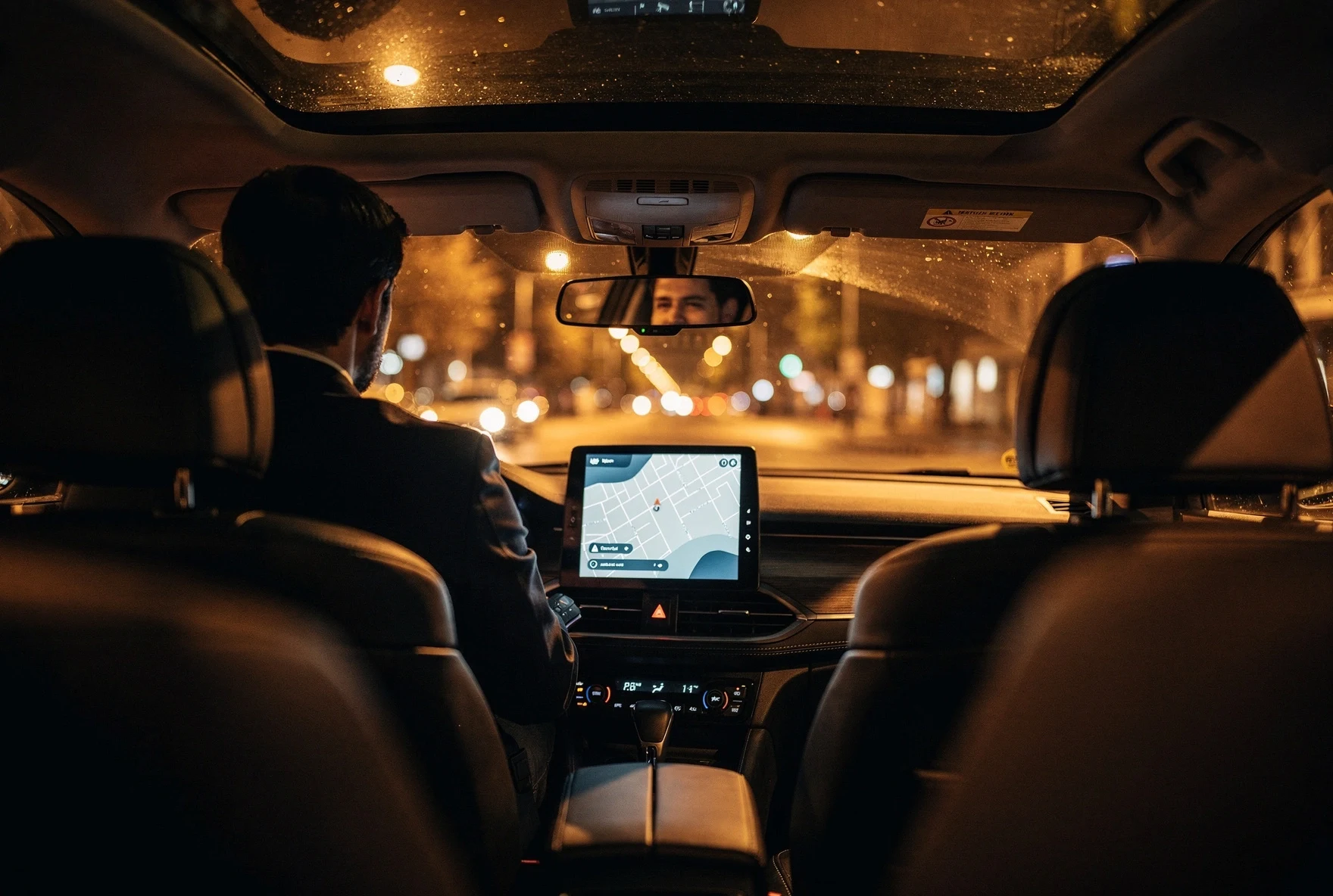 Interior view of a taxi at night looking through the windshield at illuminated city streets