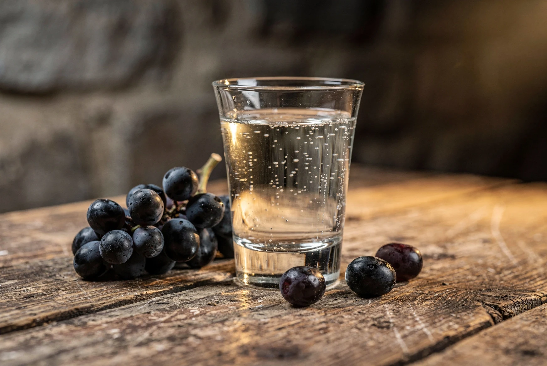 Small glass of Georgian chacha beside dark grapes on a rustic wooden table