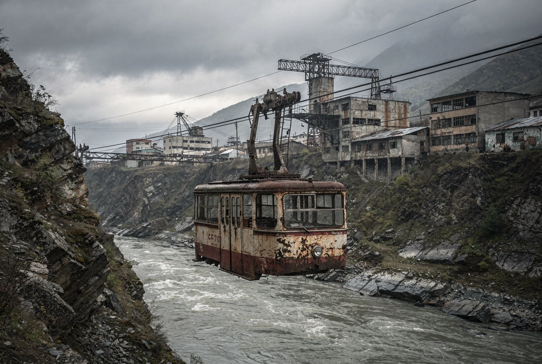 Soviet-era cable car crossing a deep river gorge in Chiatura, Georgia