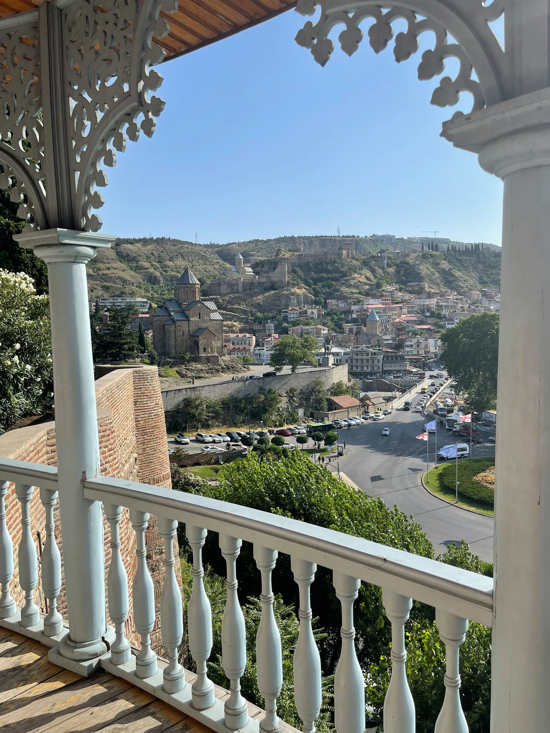 Traditional wooden balcony on a Tbilisi building with carved details