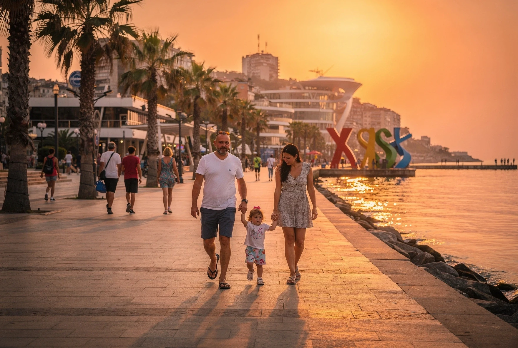 Family walking along Batumi seaside boulevard at sunset