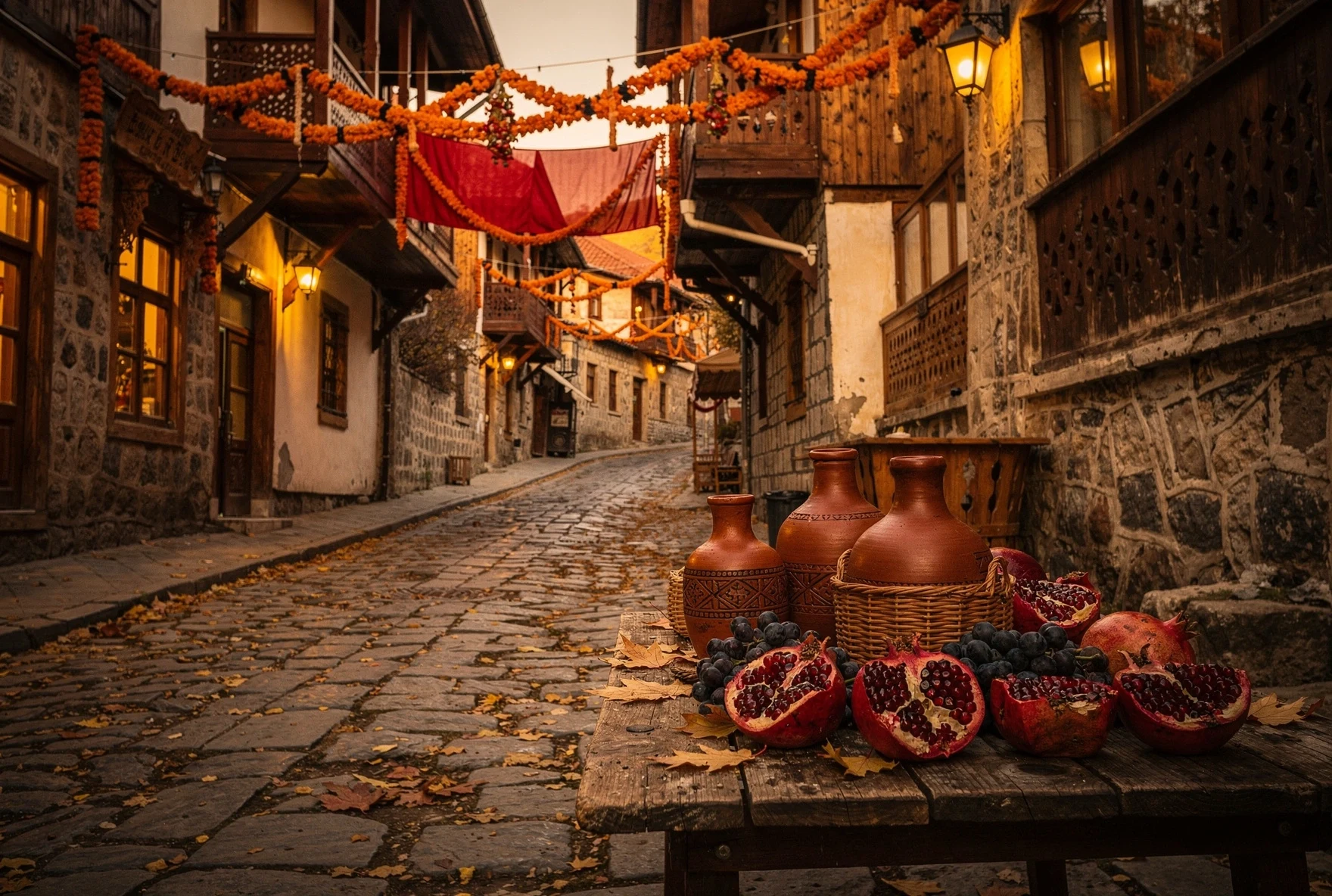 A decorated autumn street in old Tbilisi with harvest decorations, pomegranates, and clay wine jugs