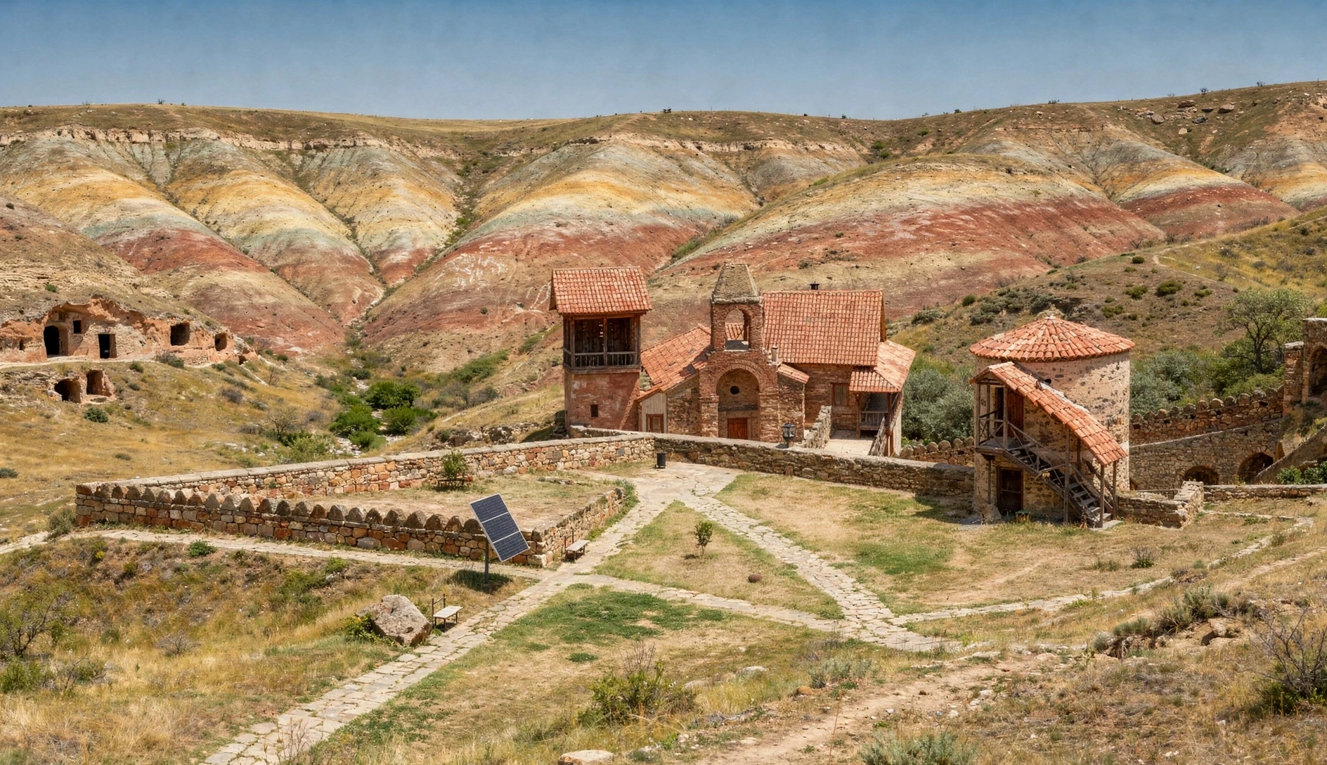 Colorful striped sedimentary rock formations in the semi-desert landscape near David Gareja