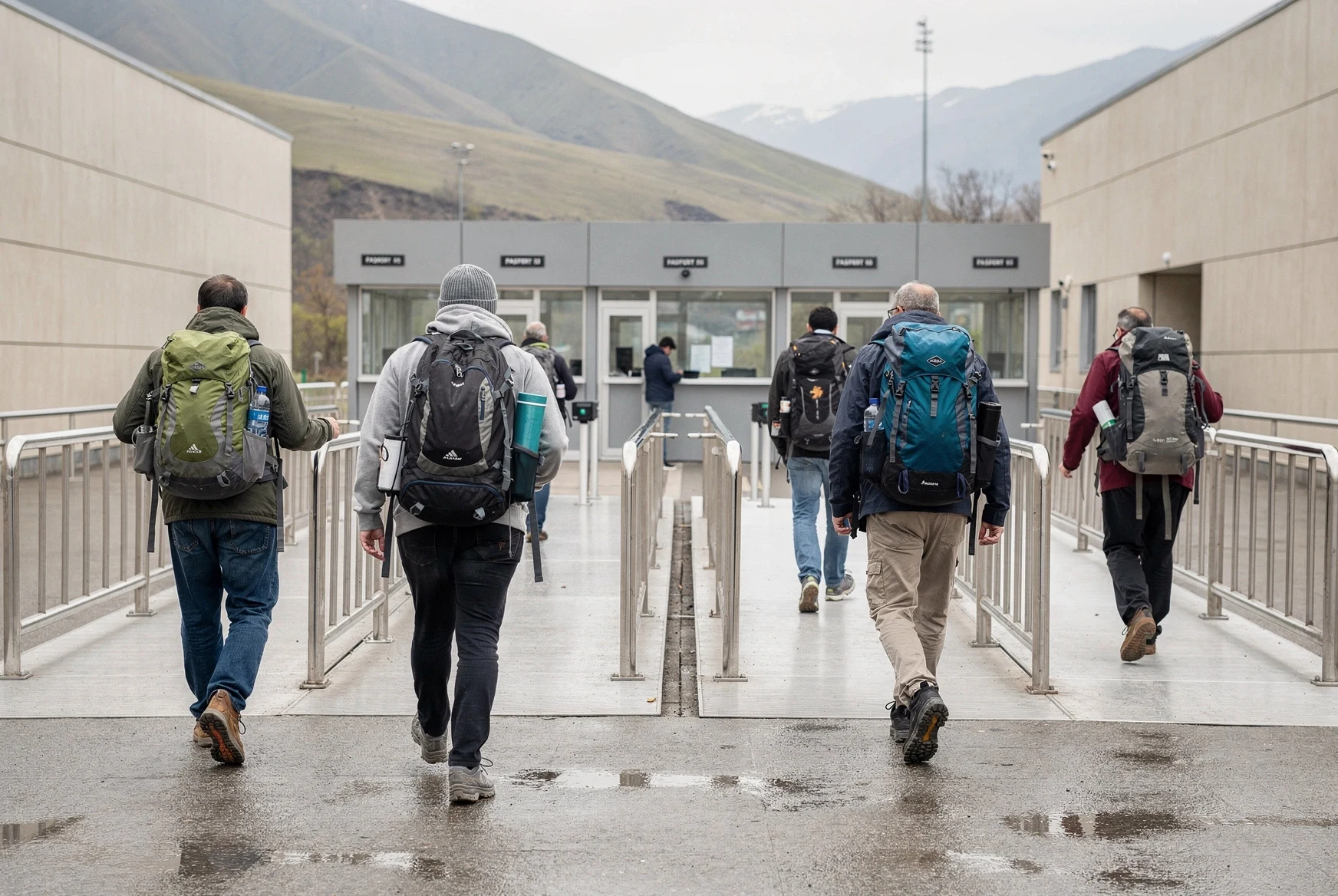 Backpackers walking through a pedestrian border crossing in the Caucasus