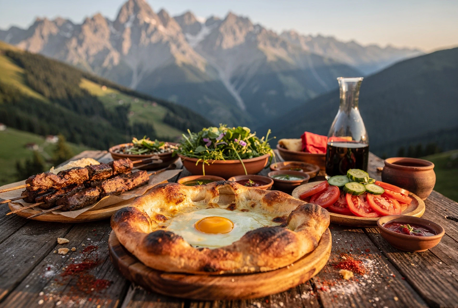 Outdoor feast of Georgian dishes with khachapuri, herbs, and wine at a mountain guesthouse with Caucasus peaks in the background
