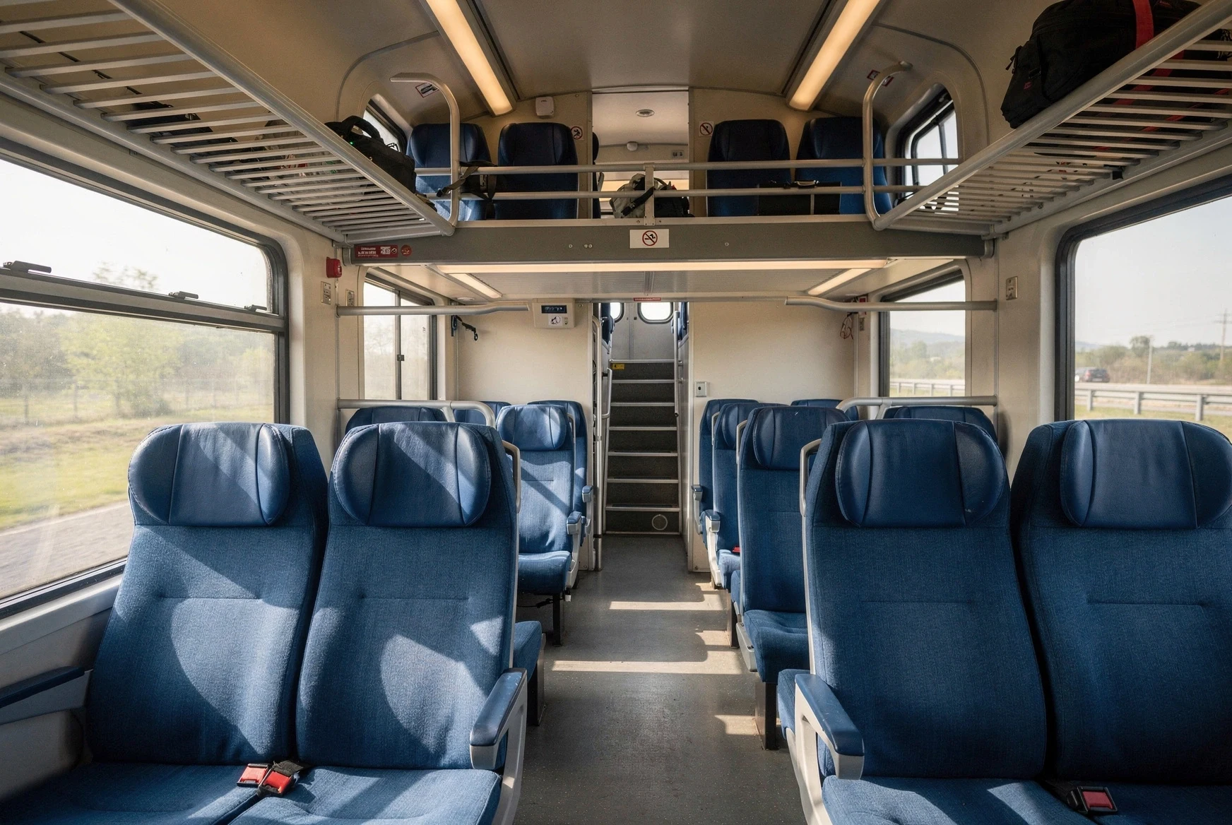 Interior of a Georgian intercity double-decker train with blue seats and soft daylight