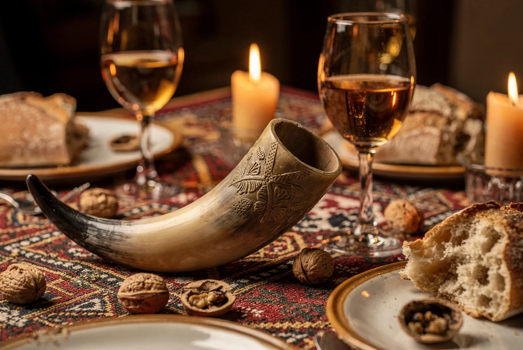 Traditional Georgian drinking horn and amber wine glasses on a supra table