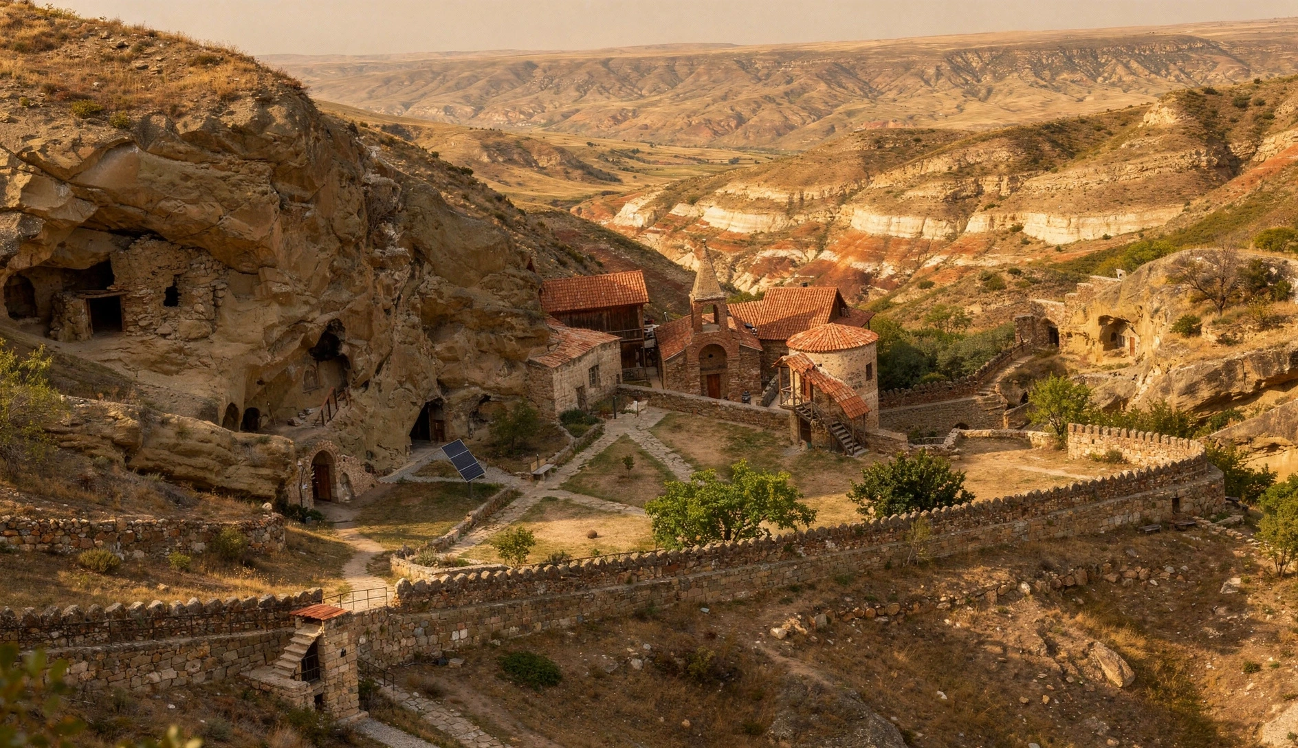 Ancient cave monastery carved into sandstone cliffs in the semi-arid landscape near David Gareja, Georgia