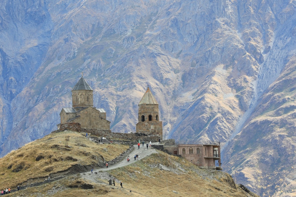 View of Mount Kazbegi and Gergeti Trinity Church