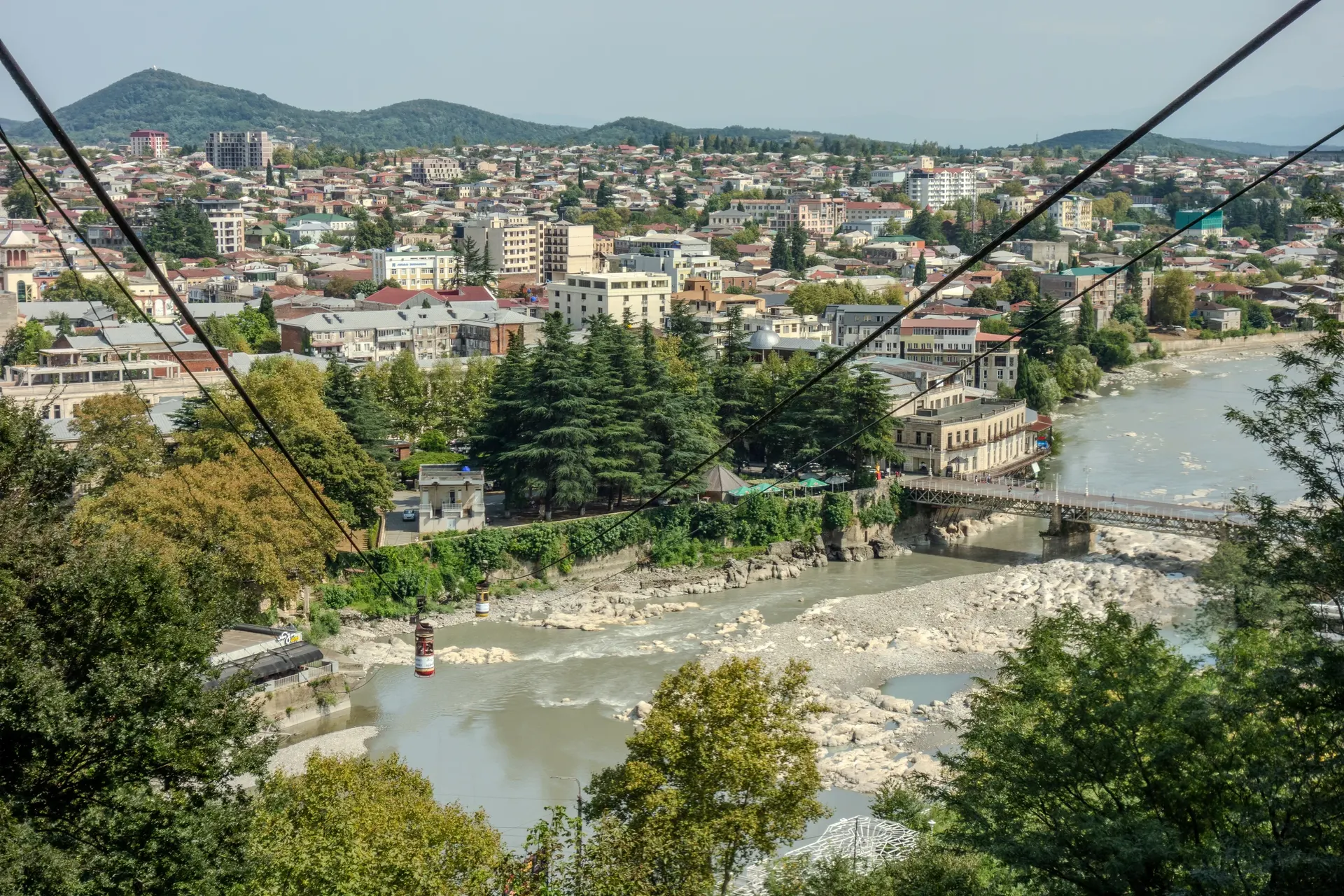 Aerial view of Kutaisi and the Rioni River from the cable car station