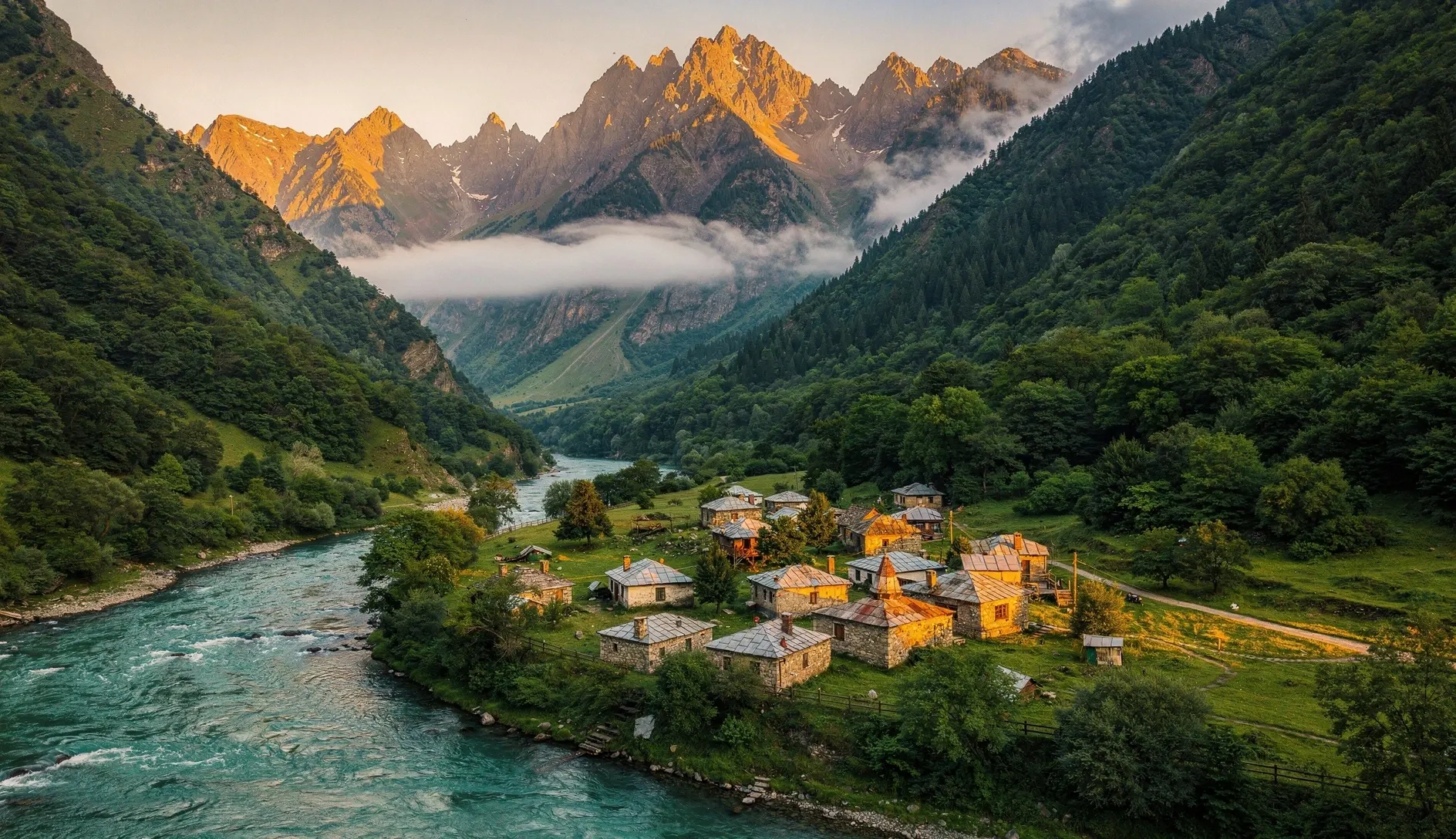 Stone village in a lush green valley with a turquoise river and Caucasus peaks in Racha, Georgia