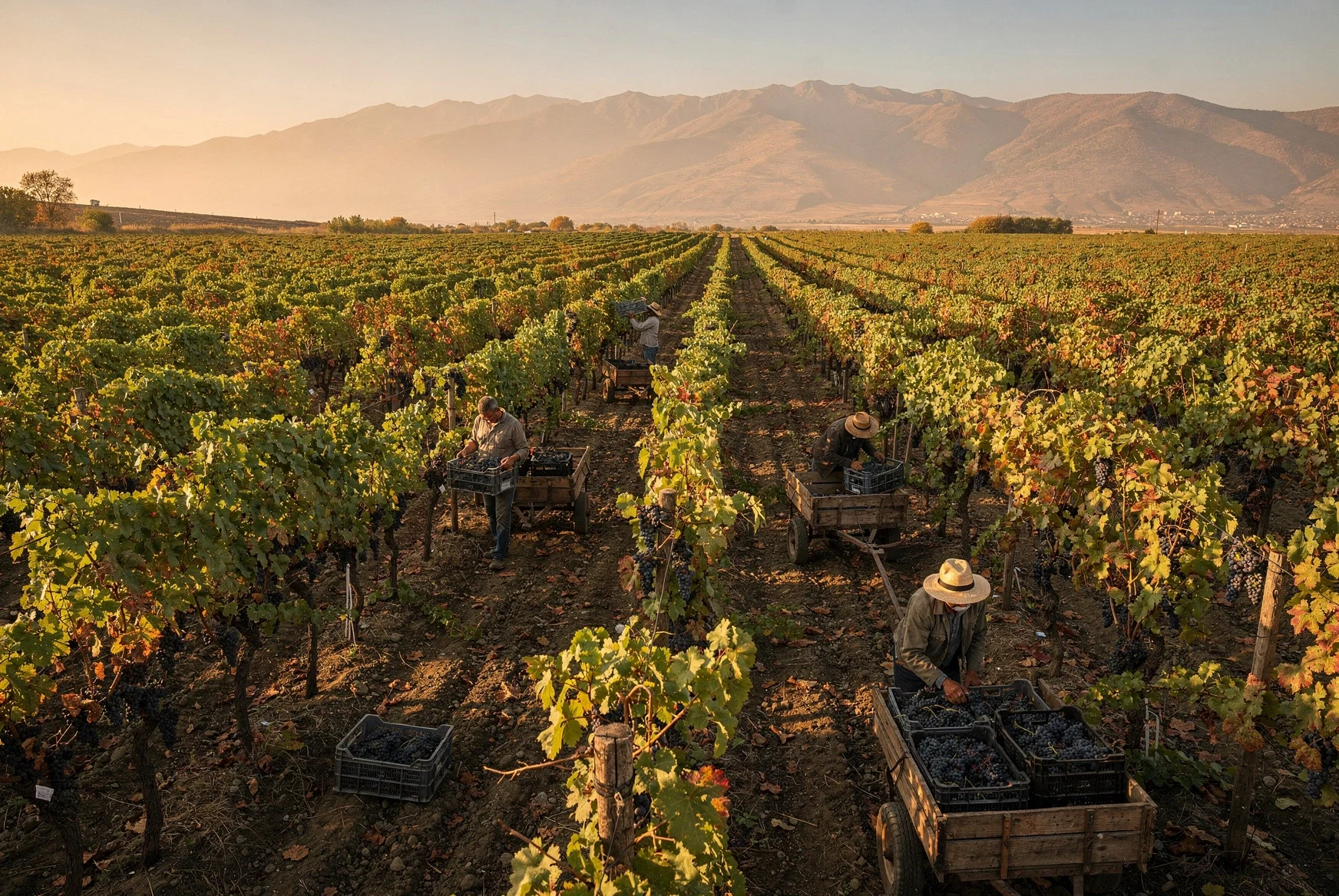 Grape harvest in eastern Georgia at golden hour with workers moving through vineyard rows