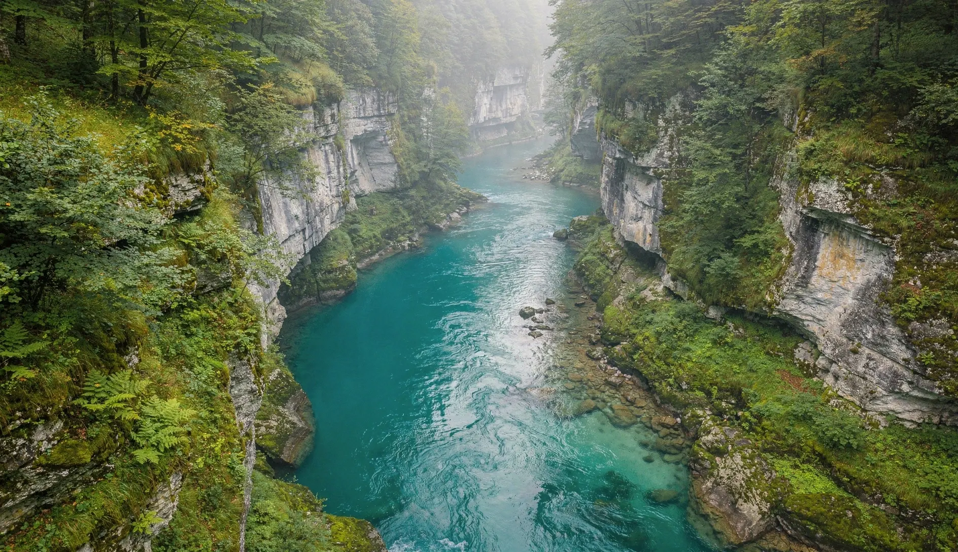 Turquoise river winding through the deep limestone gorge of Martvili Canyon in Samegrelo, Georgia
