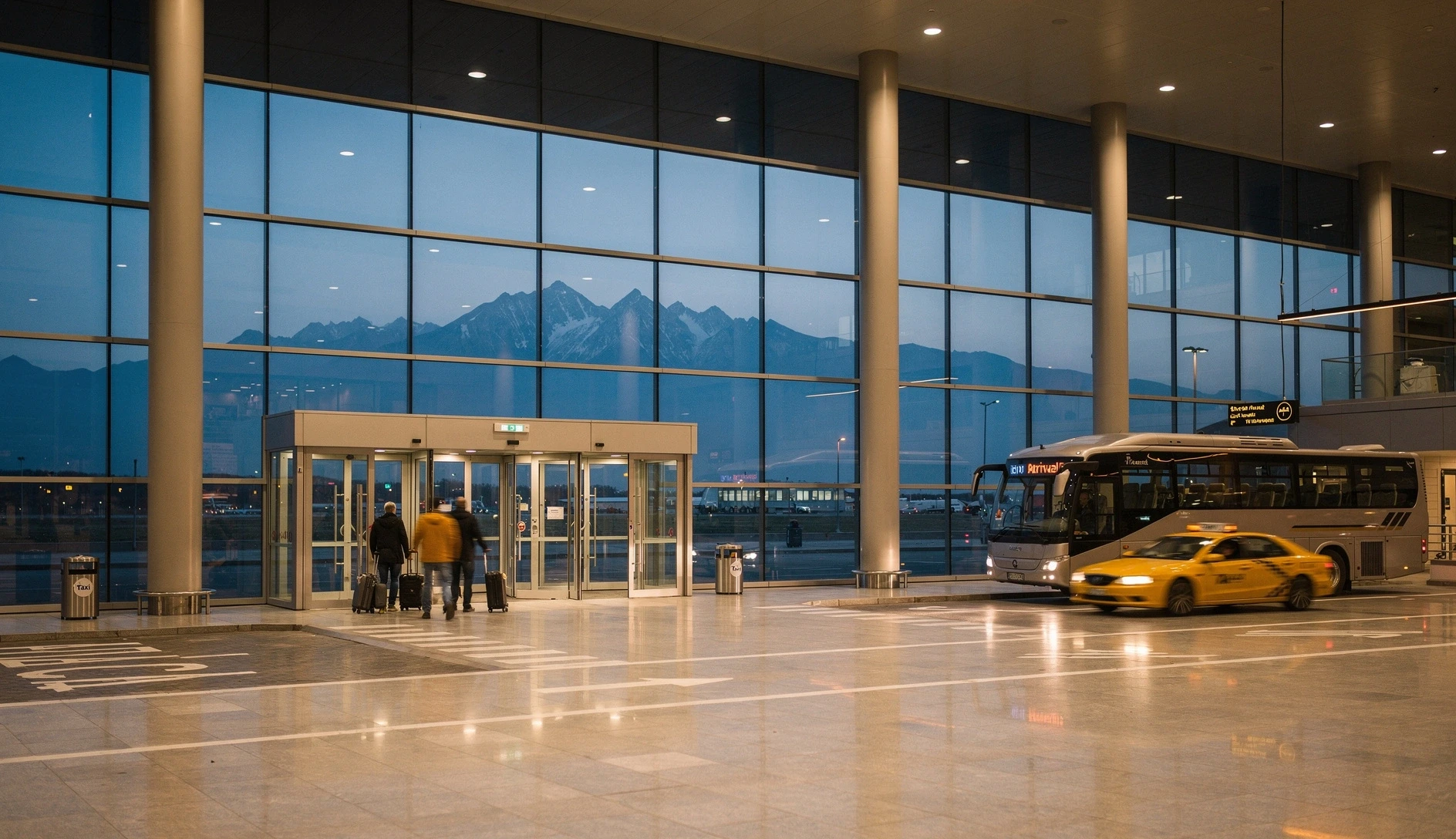 Modern airport terminal at dusk with travelers heading to transport area