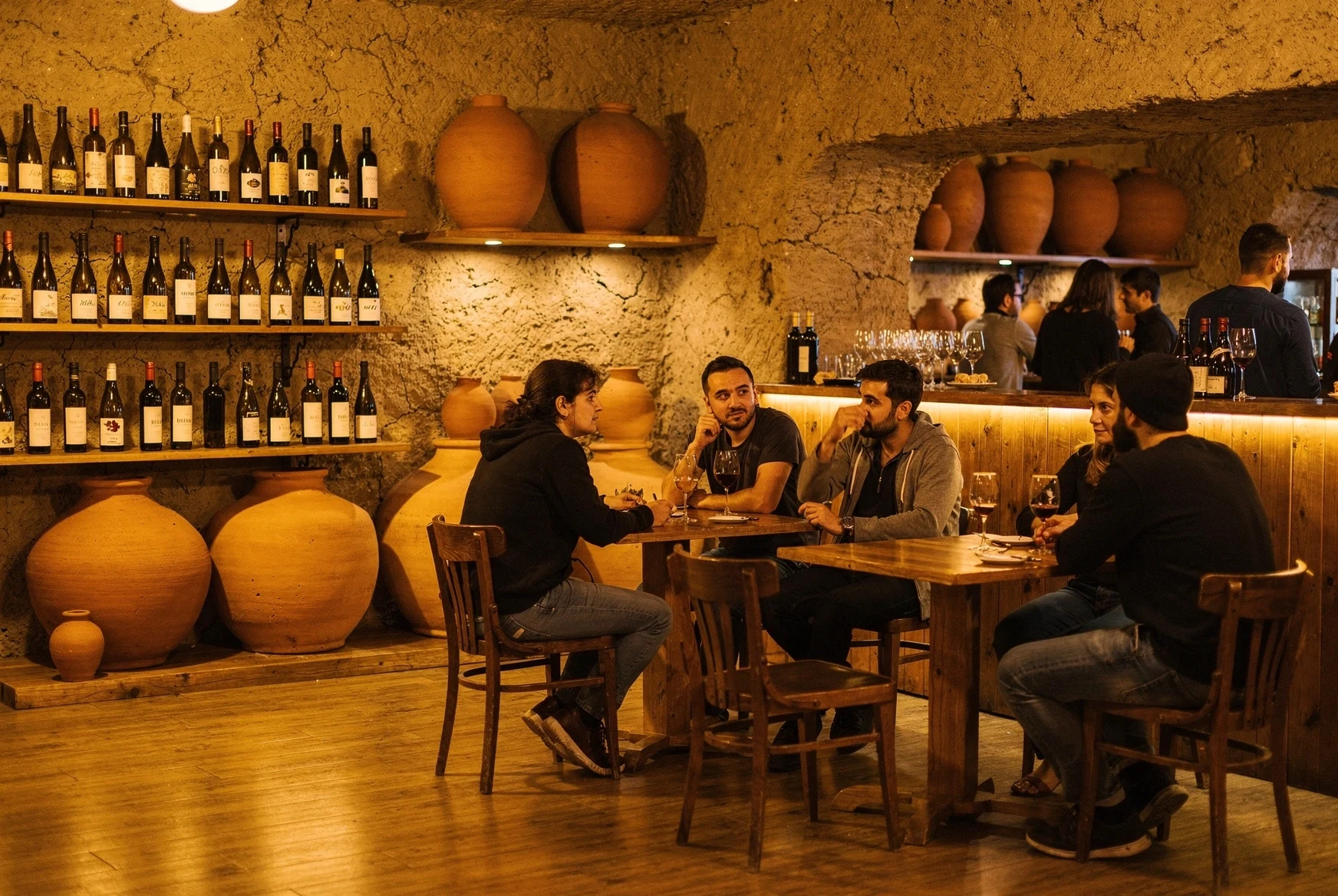Warm interior of a stylish Tbilisi wine bar with clay wine vessels and shelves of bottles