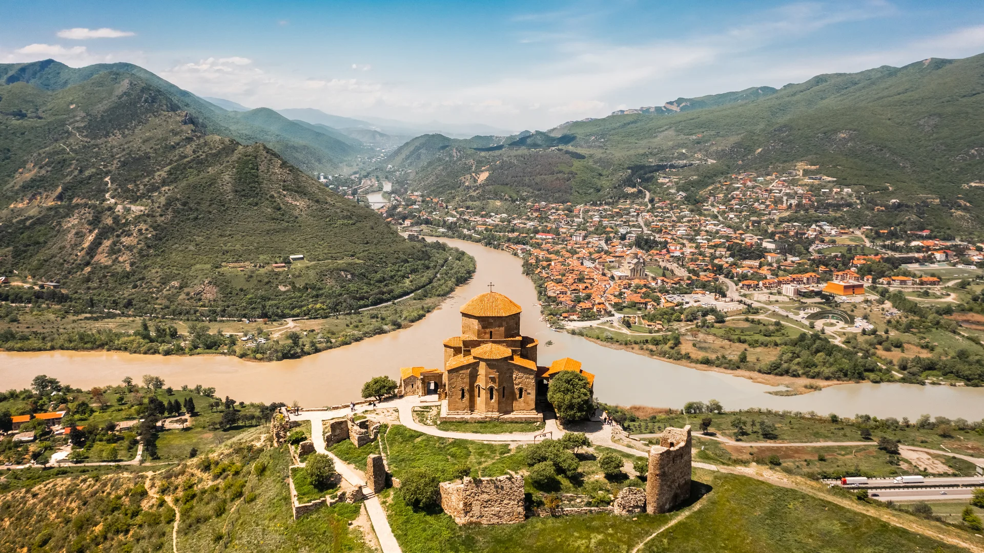 Aerial view of Jvari Monastery overlooking the confluence of rivers near Mtskheta