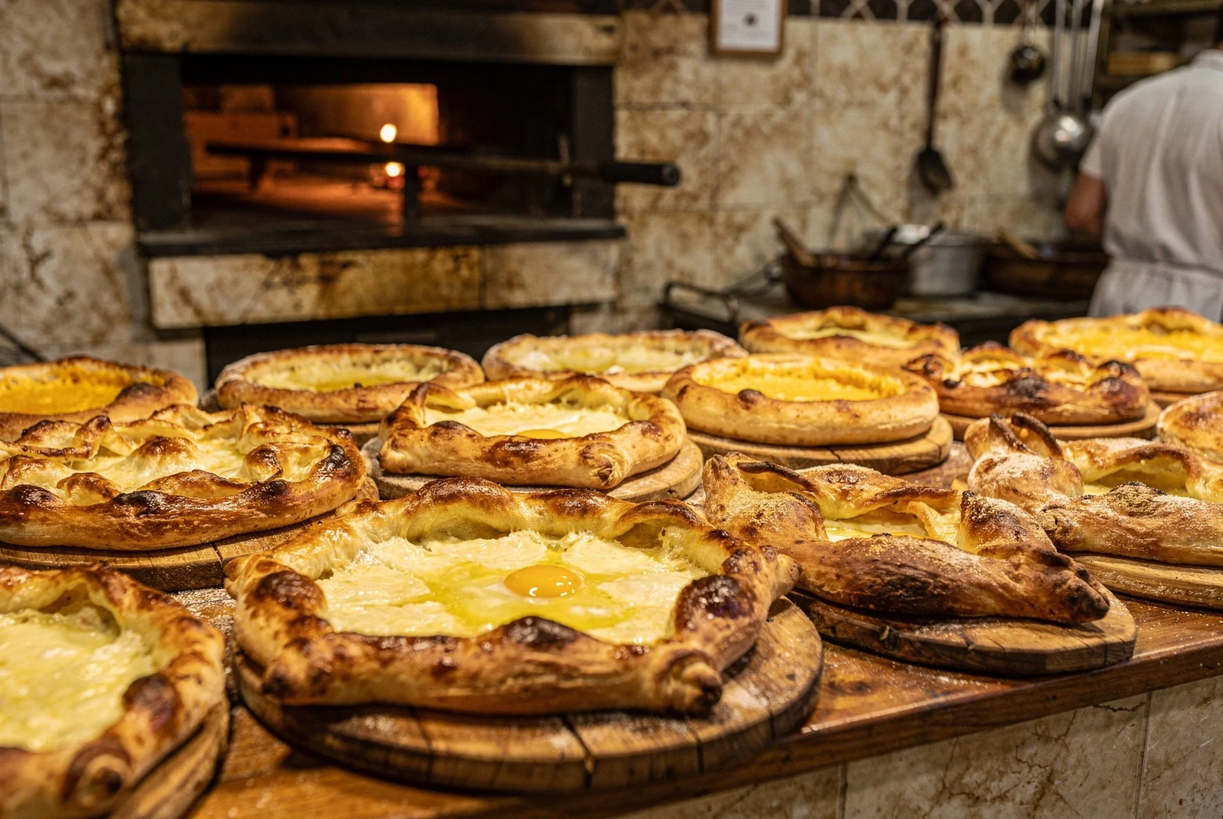 Fresh Georgian khachapuri in a bakery setting