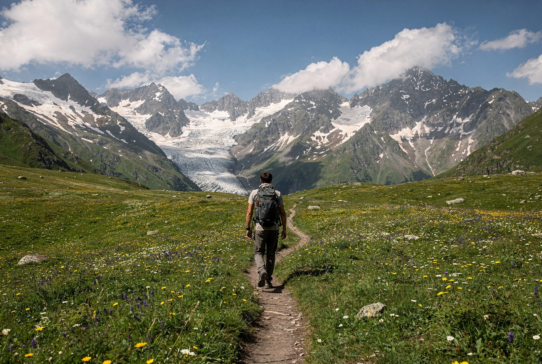 Hiker walking through vast alpine meadow toward snow-capped Greater Caucasus mountain range with wildflowers