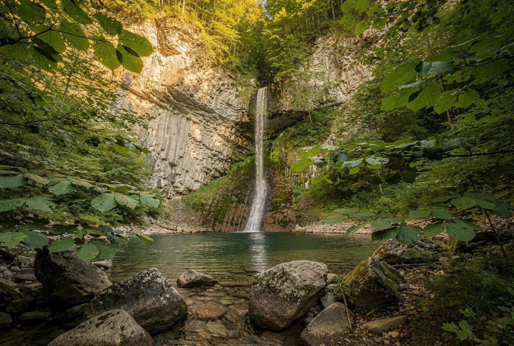 Tall waterfall cascading down a limestone cliff into a pool surrounded by dense beech and hornbeam forest in a Caucasus mountain gorge