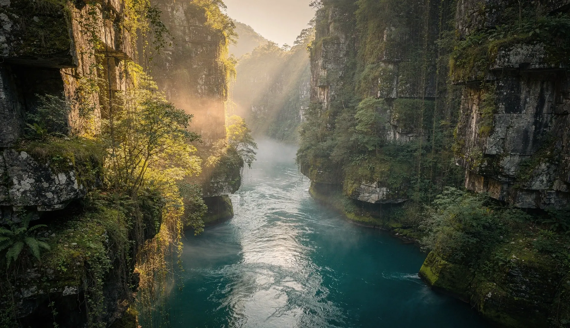 Turquoise river flowing through a deep limestone canyon with moss-covered walls in western Georgia