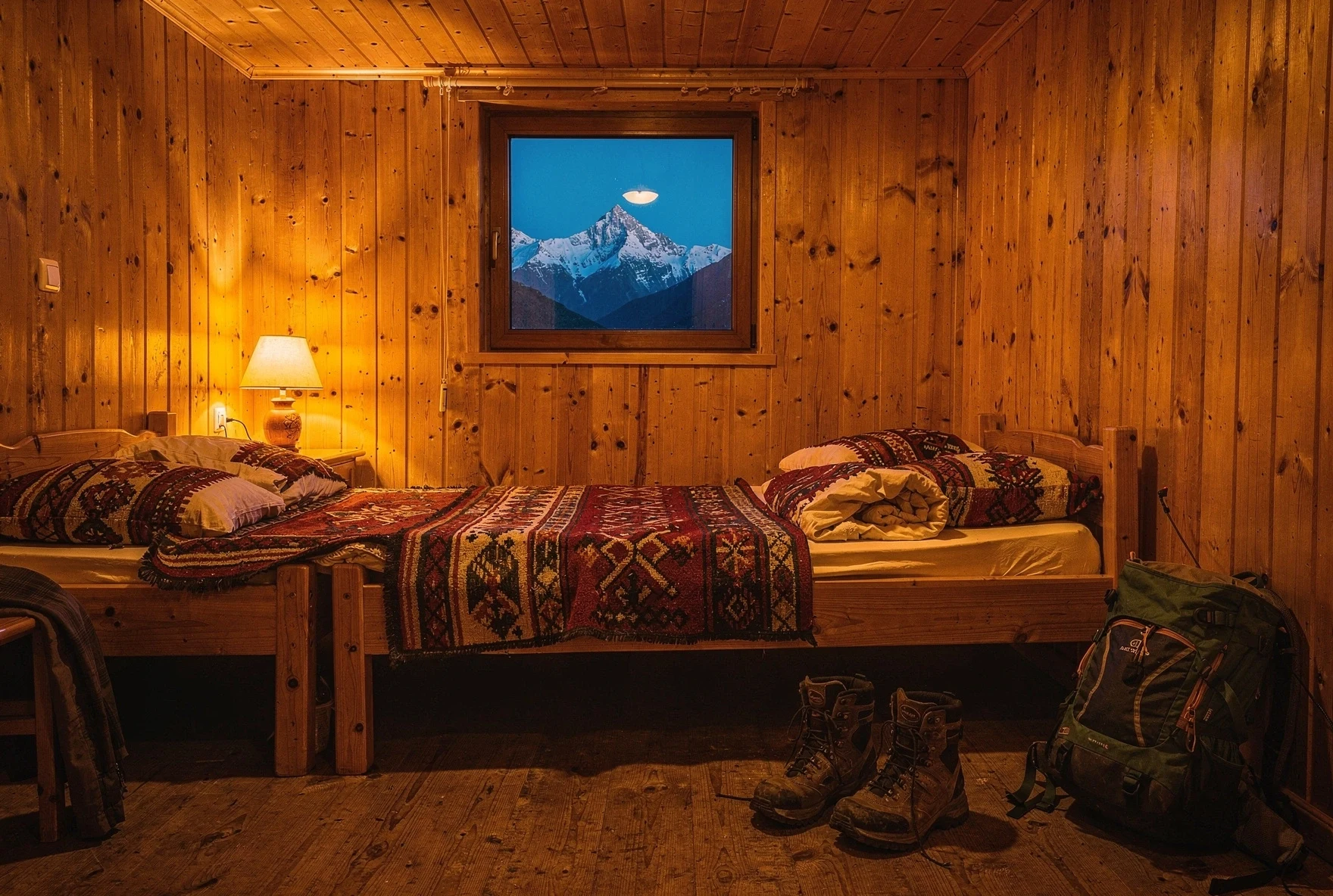 Cozy interior of a mountain guesthouse in Svaneti with rustic wooden walls and mountain views through the window