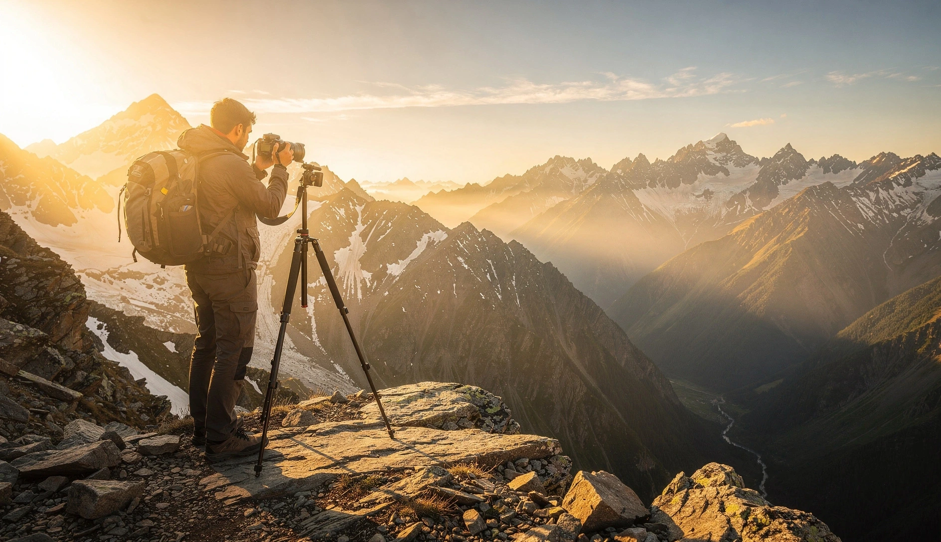 Photographer with tripod capturing golden hour over the Greater Caucasus mountains