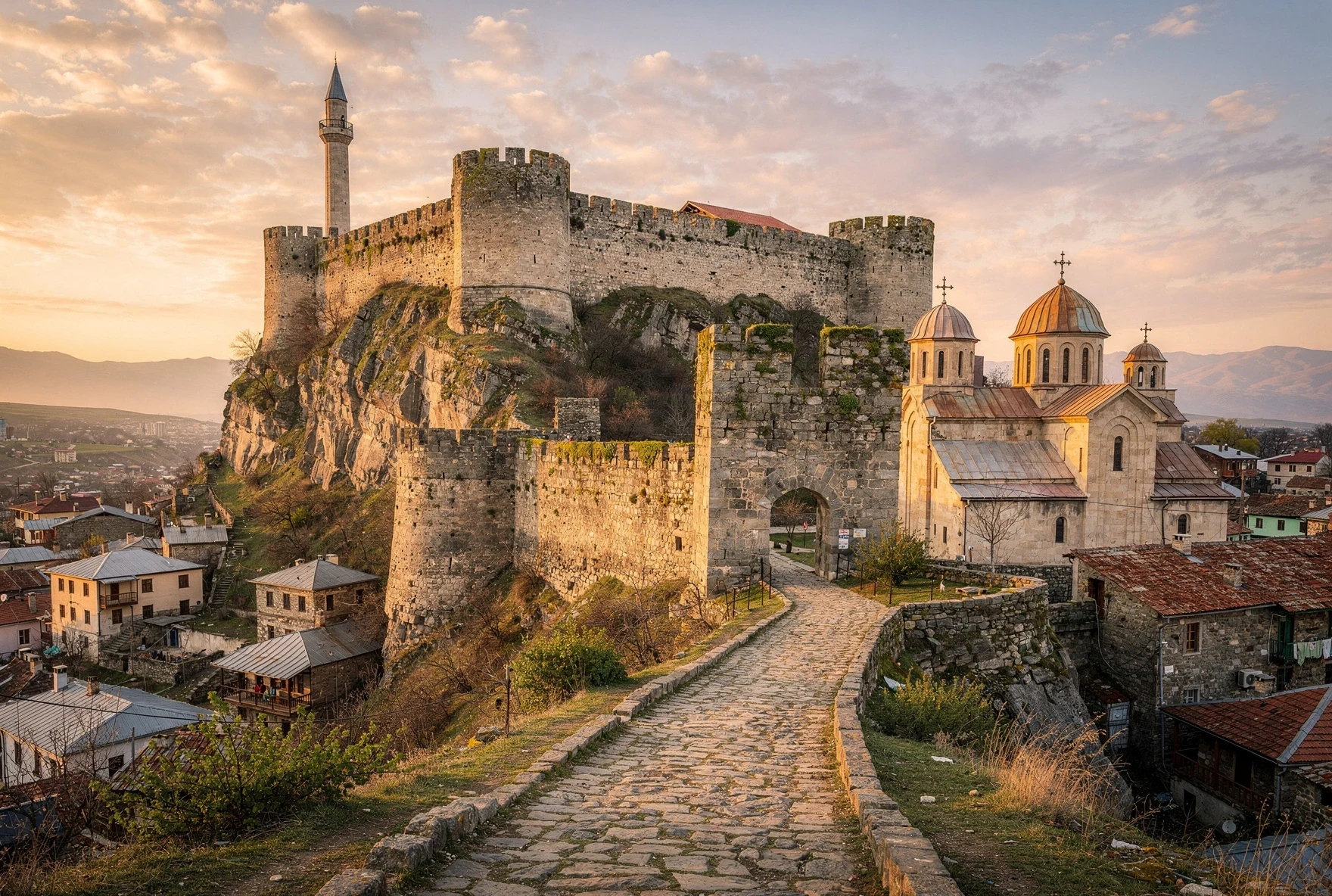 Medieval fortress complex with stone towers and mosque minaret at sunset