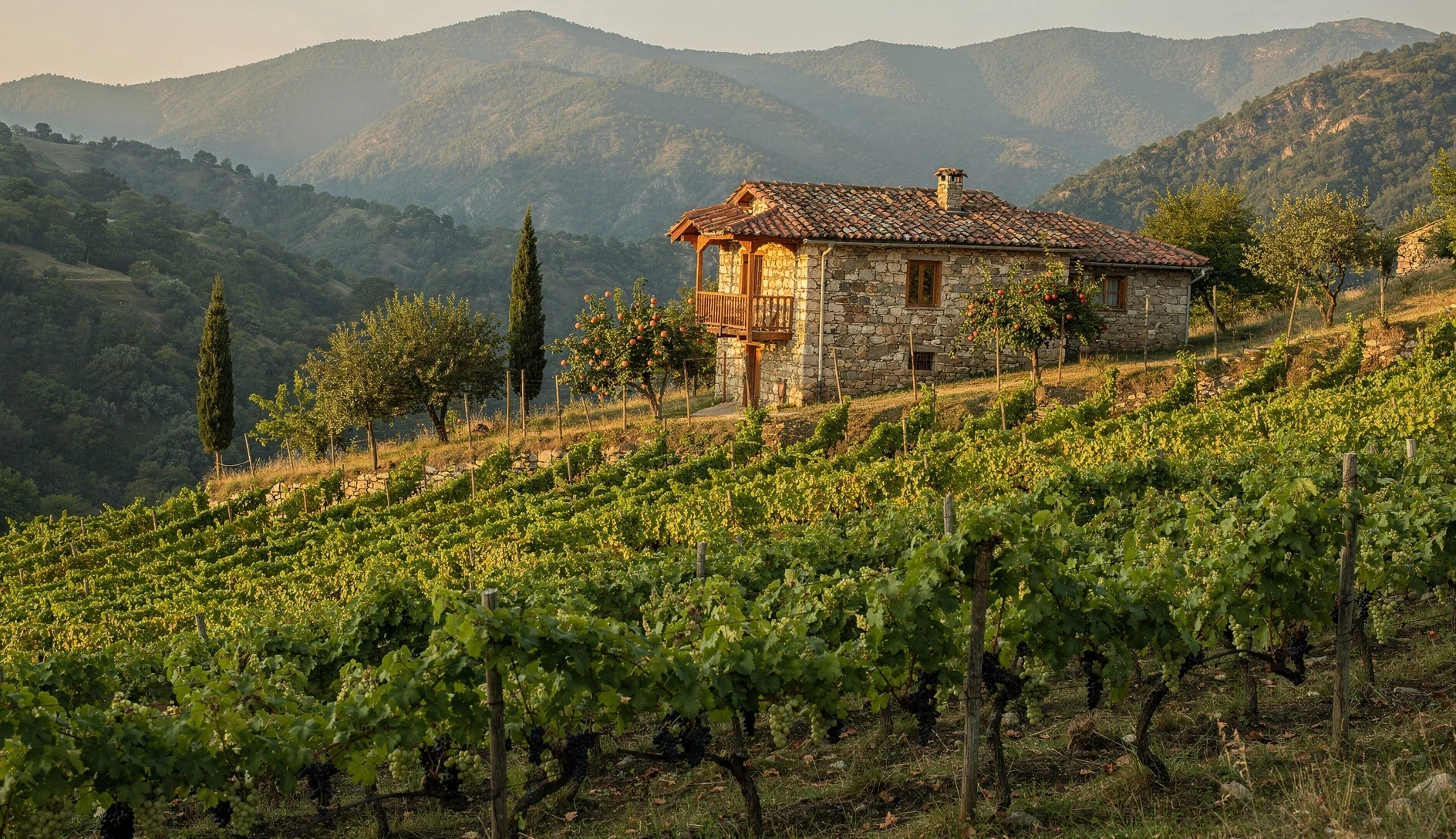 Vineyard on a hillside with stone farmhouse and forested mountains in Racha