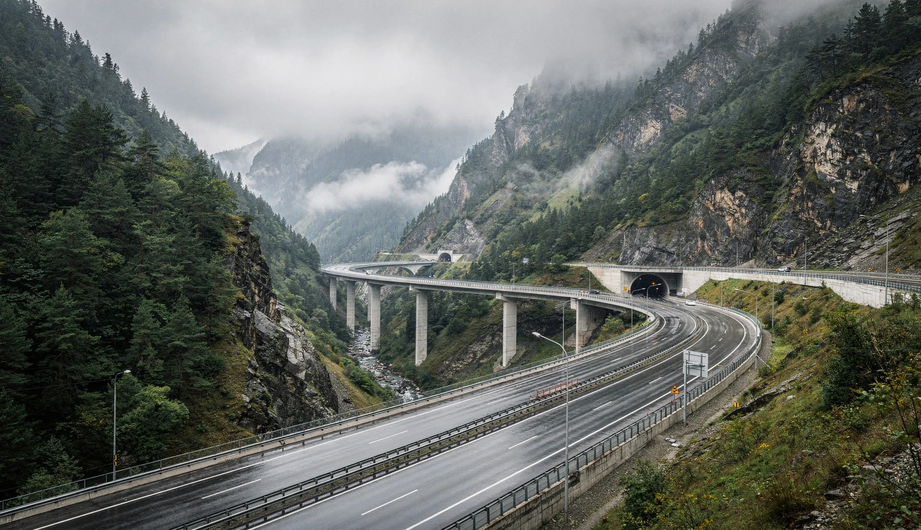 Modern highway with bridges and tunnels cutting through misty Caucasus mountains