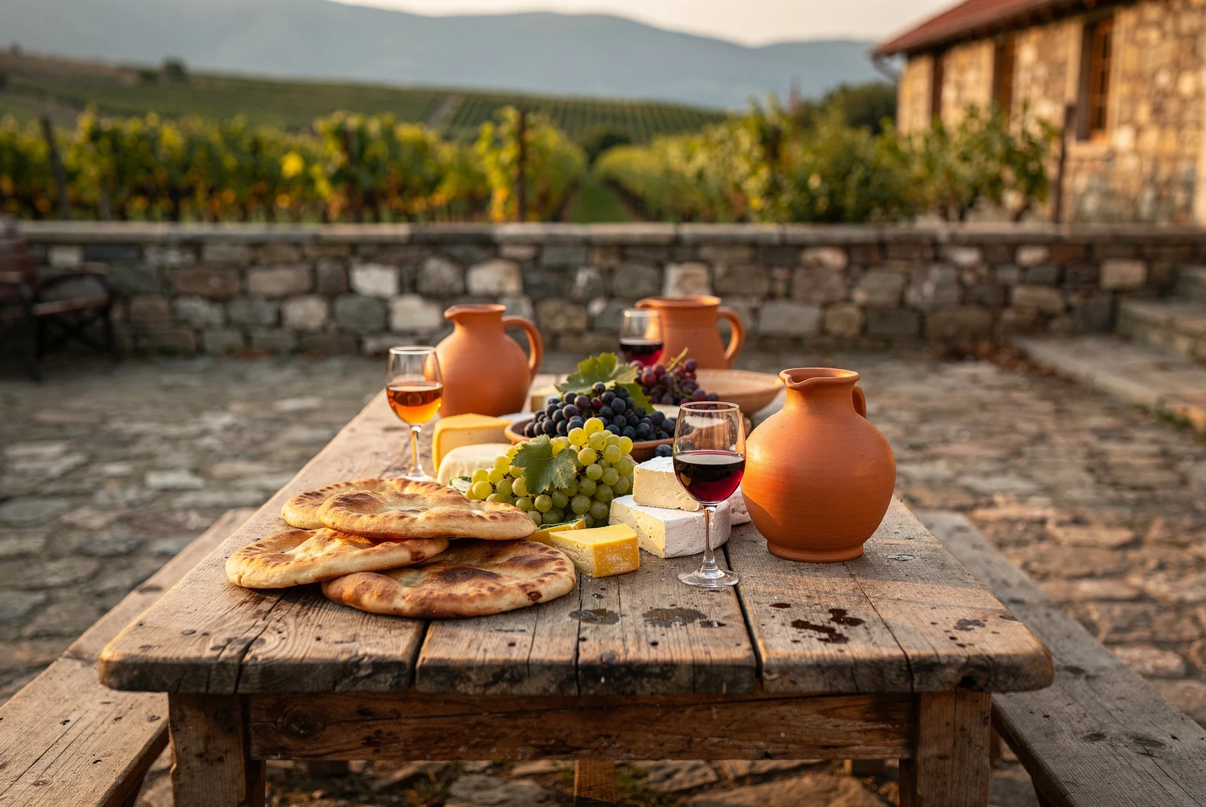 Georgian harvest table in a vineyard courtyard with bread, cheese, grapes, clay pitchers, and local wine