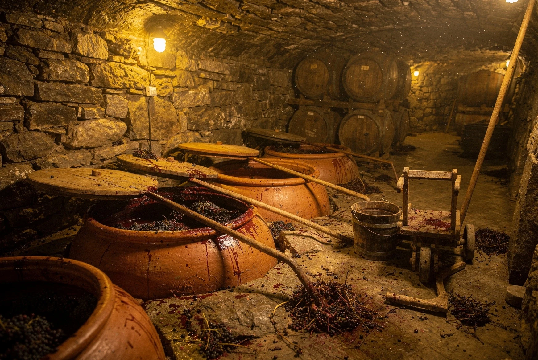 Traditional Georgian marani cellar with qvevri vessels during harvest season