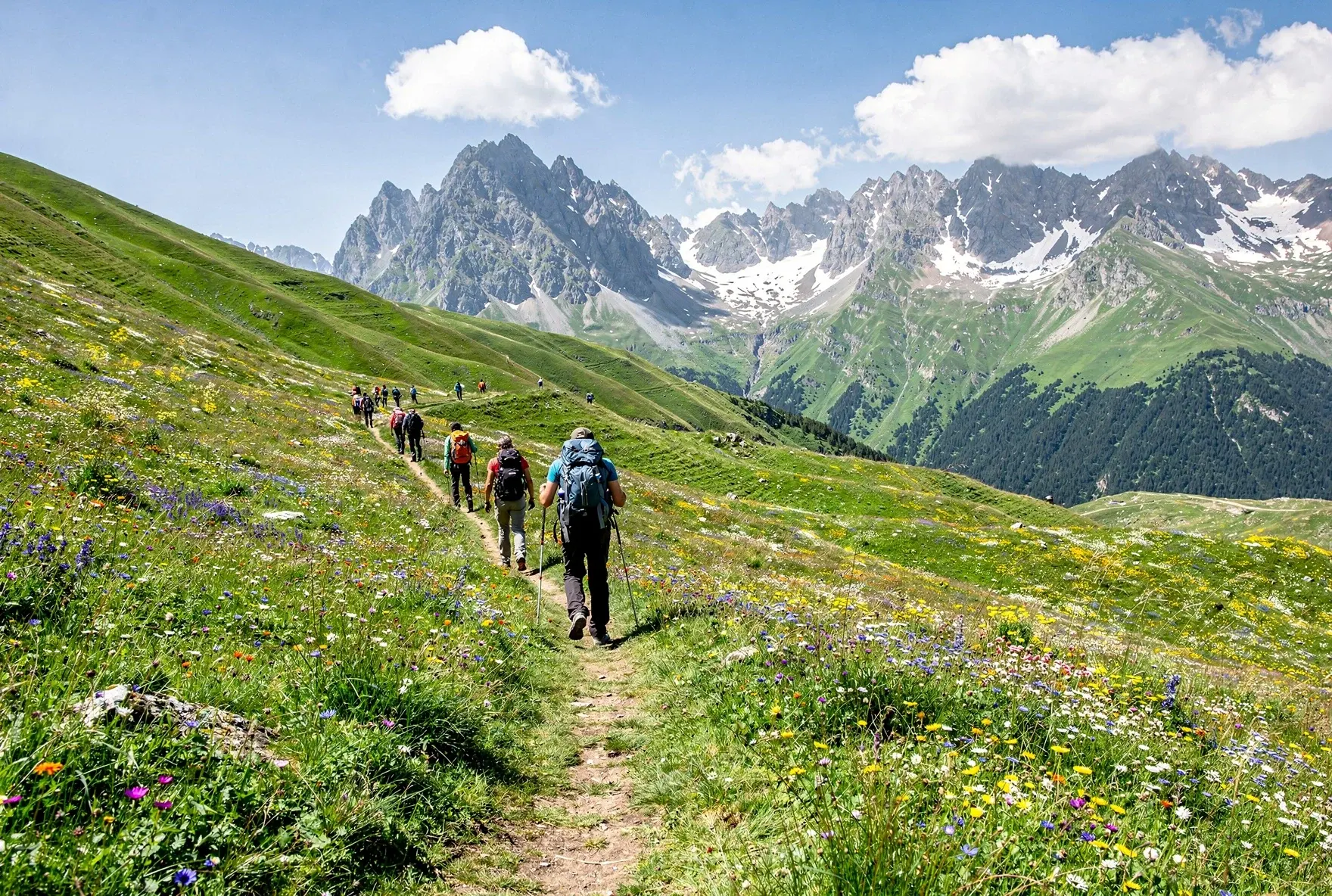 Hikers on a green mountain trail with wildflowers and snow-capped Caucasus peaks in the background