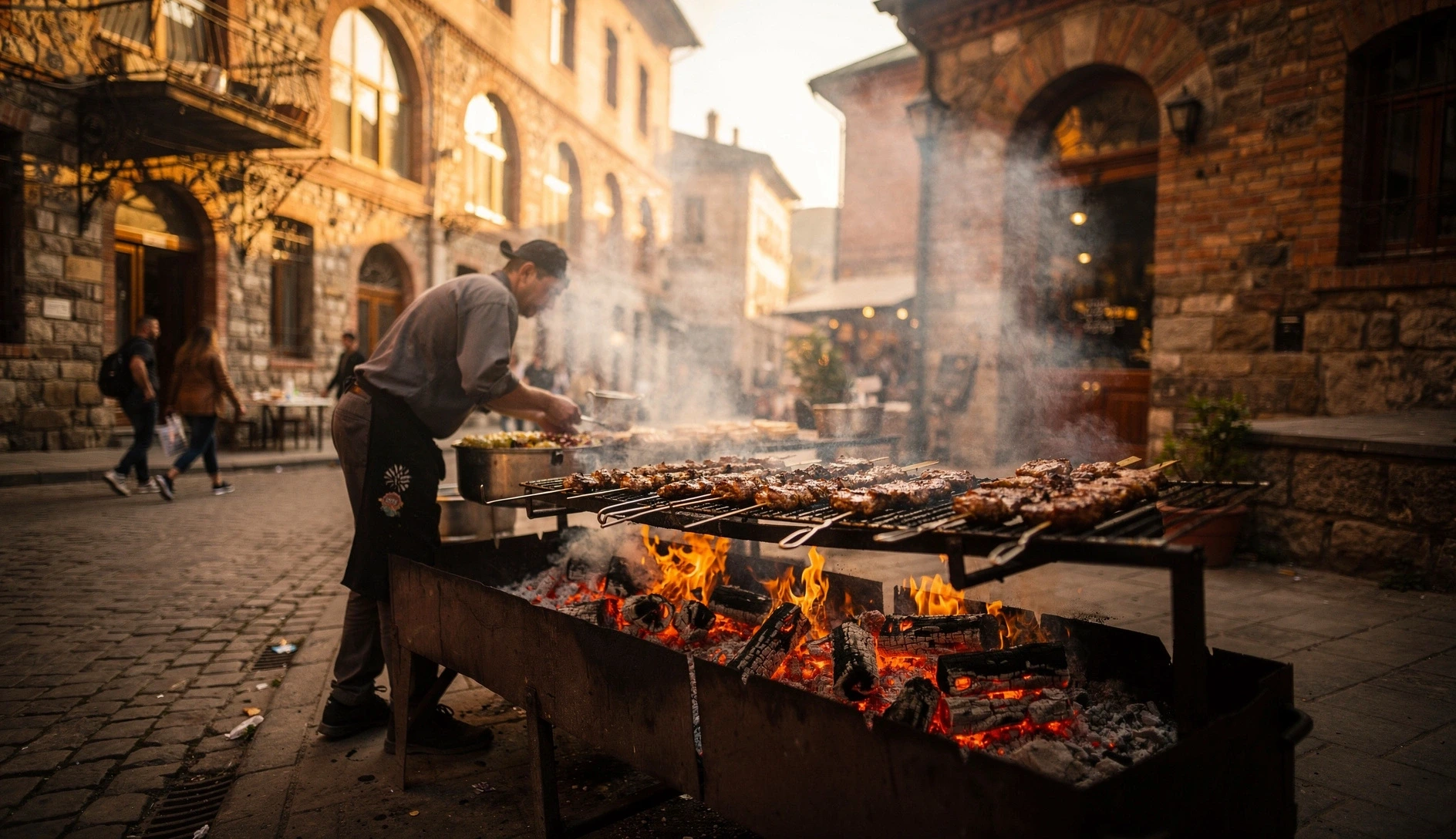 Vendor grilling mtsvadi meat skewers over charcoal on a Tbilisi street at golden hour