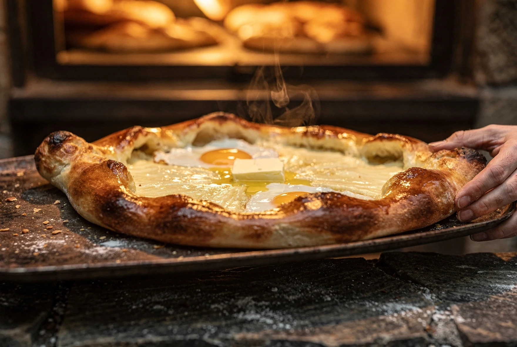 Freshly baked Adjarian khachapuri with egg and butter in a traditional bakery