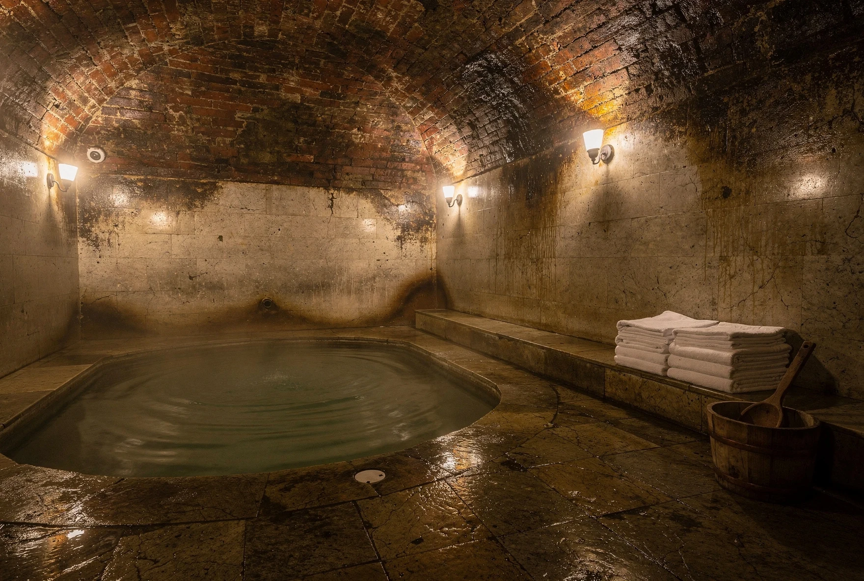 Interior of a private sulfur bath room with steaming pool under arched brick ceiling