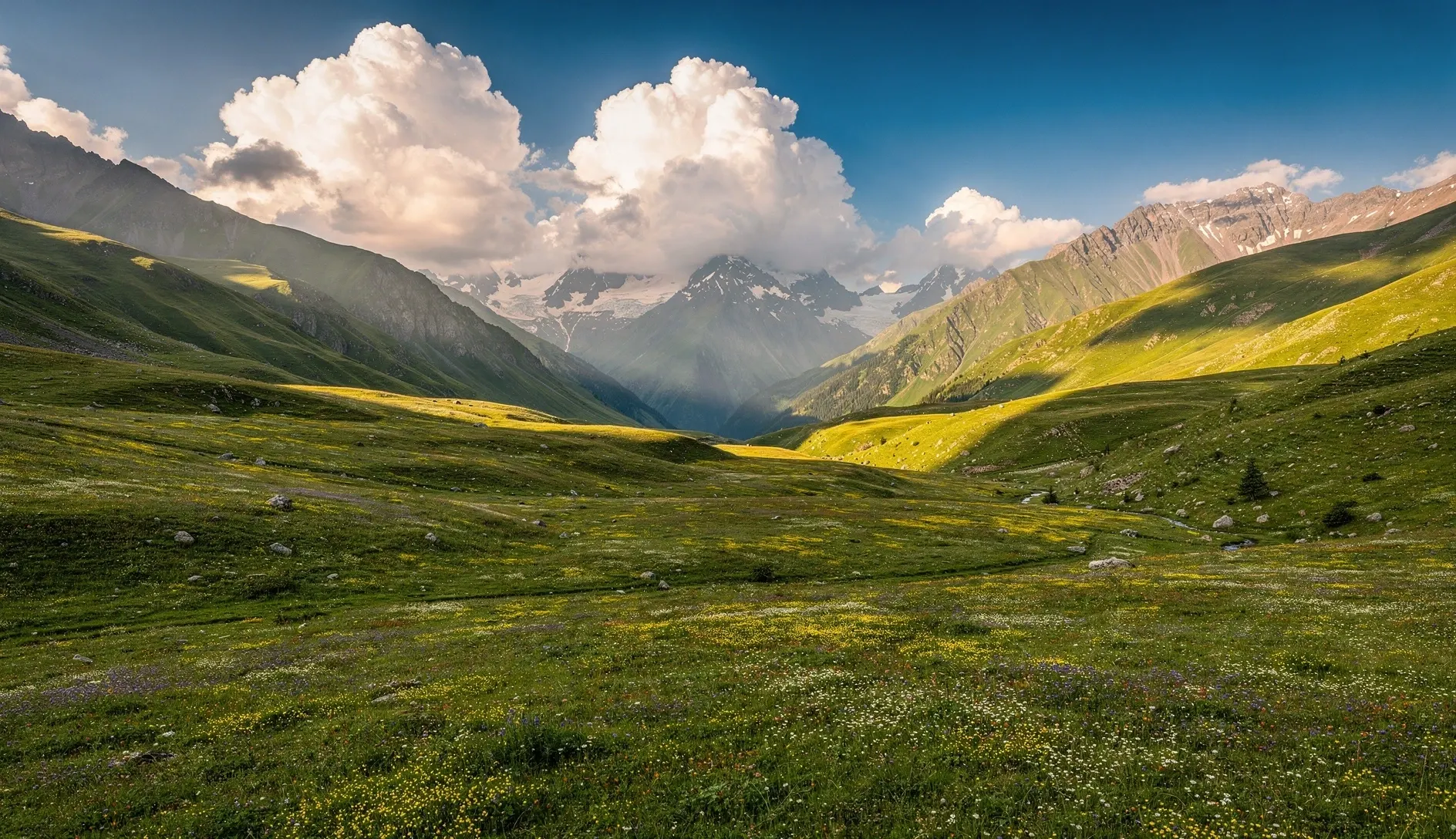 Lush green Caucasus mountain valley with wildflower meadows and snow-capped peaks in summer afternoon light