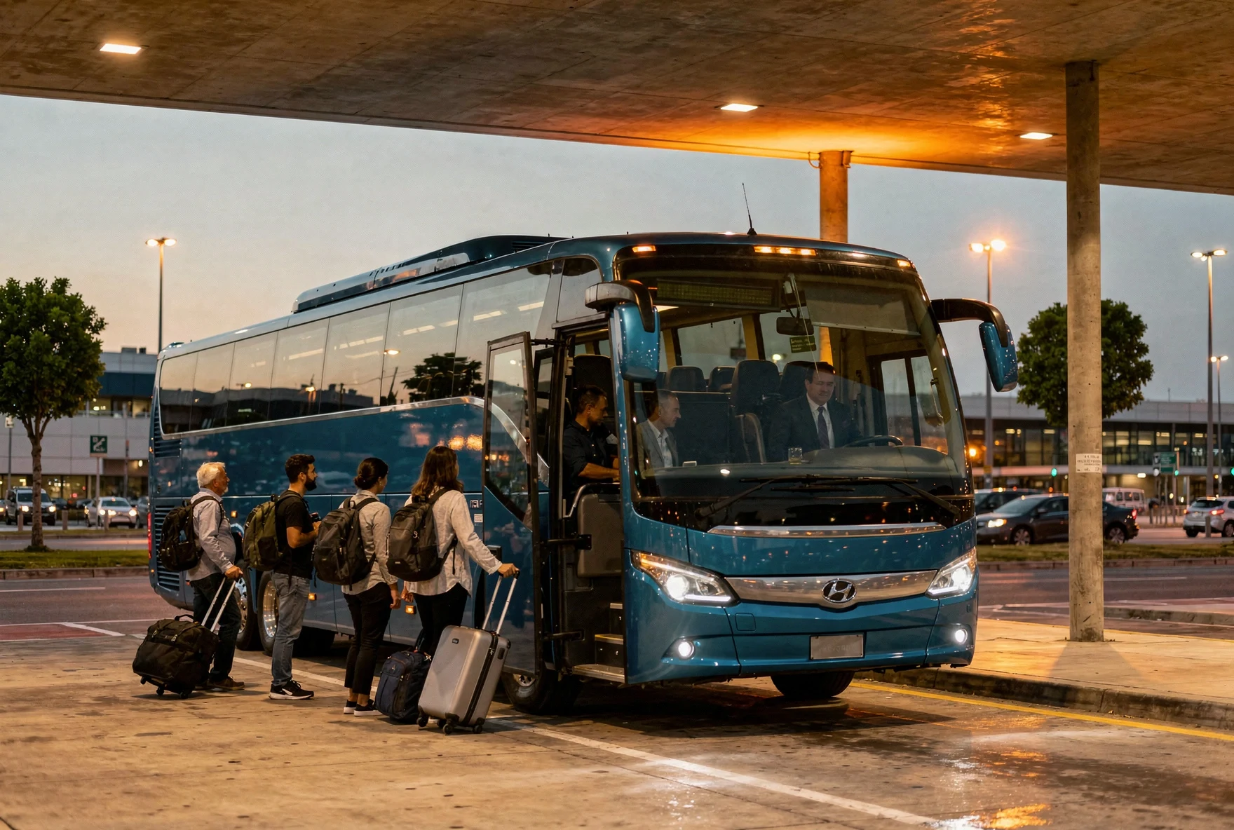 City bus at an airport bus stop with passengers boarding