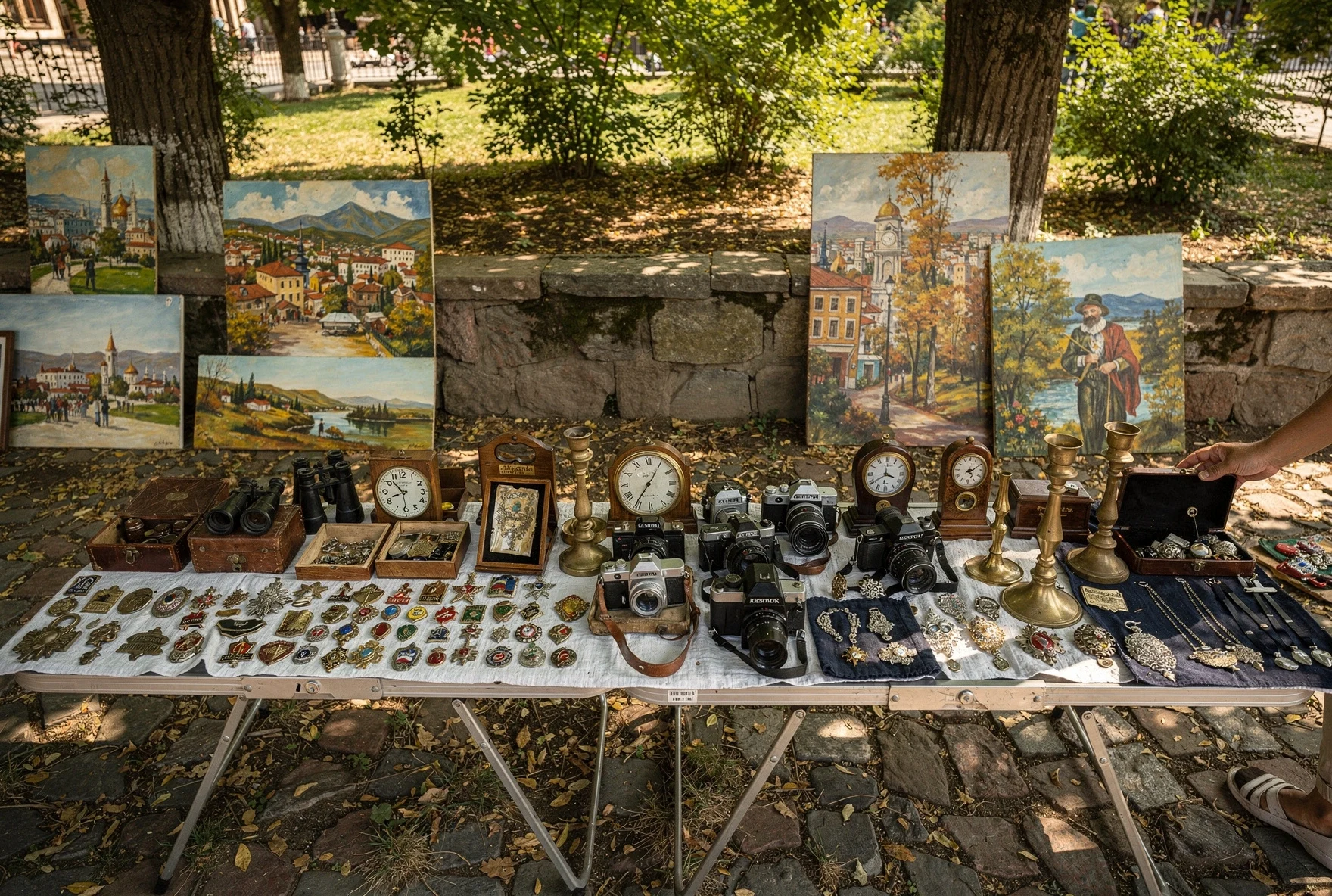 Soviet-era cameras, watches, and military medals displayed at the Dry Bridge flea market in Tbilisi
