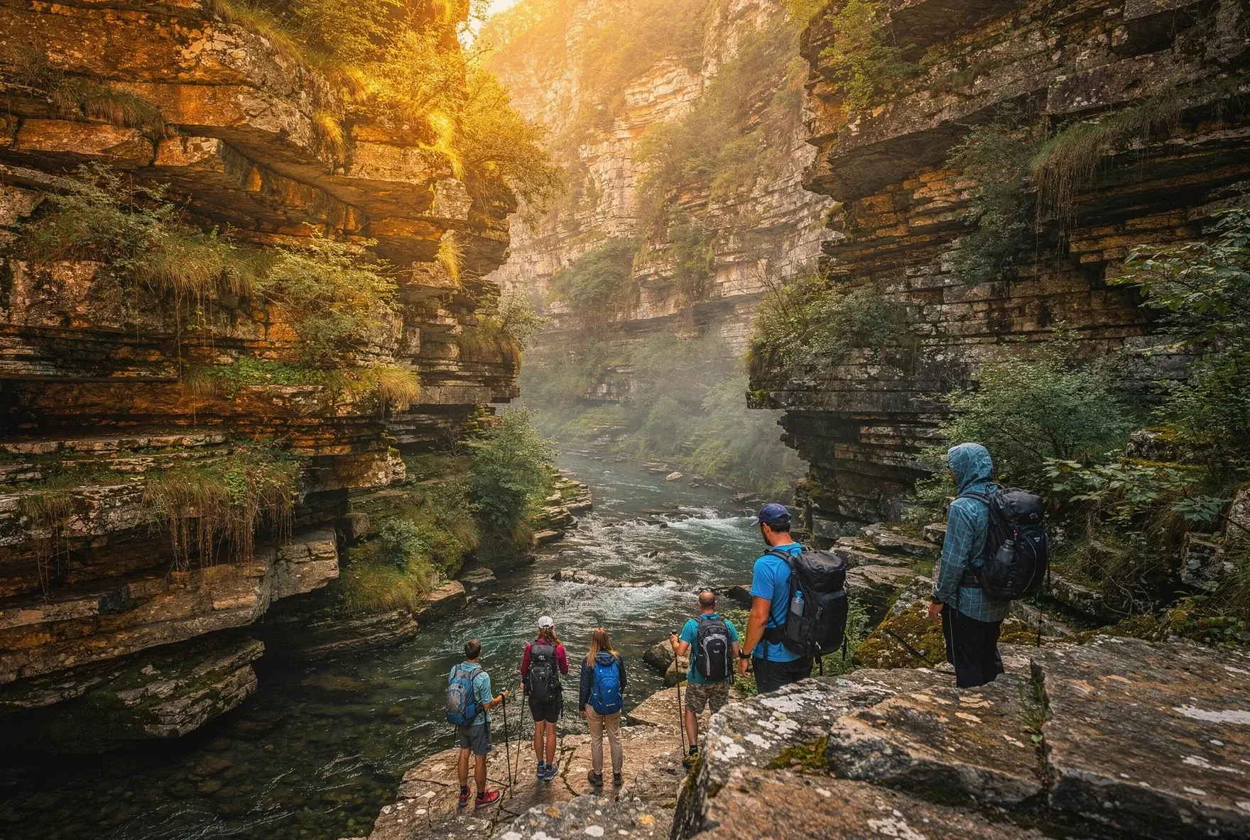Hikers exploring a dramatic canyon with layered rock walls and a river below in the Georgian countryside