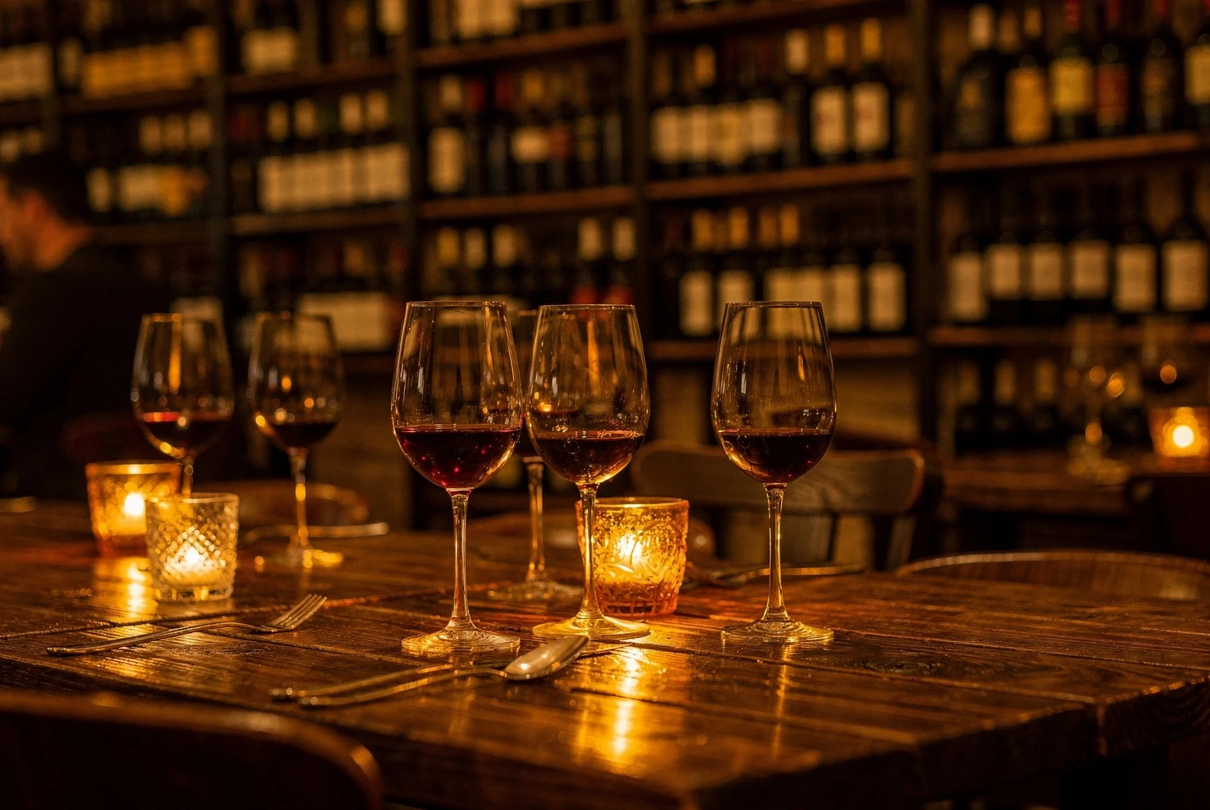Warm candlelit interior of a Tbilisi wine bar with glasses of amber and red wine