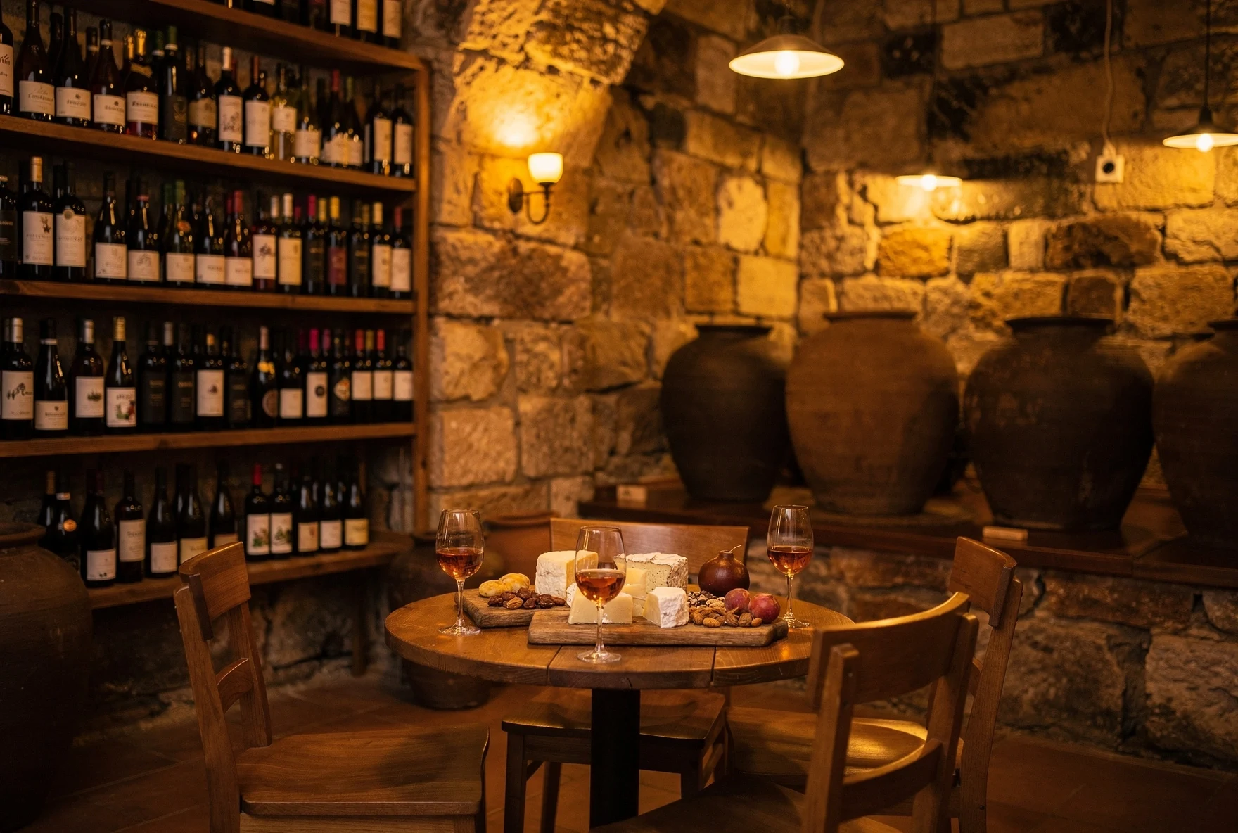 Cozy Georgian wine bar interior with bottles on shelves and qvevri clay vessels